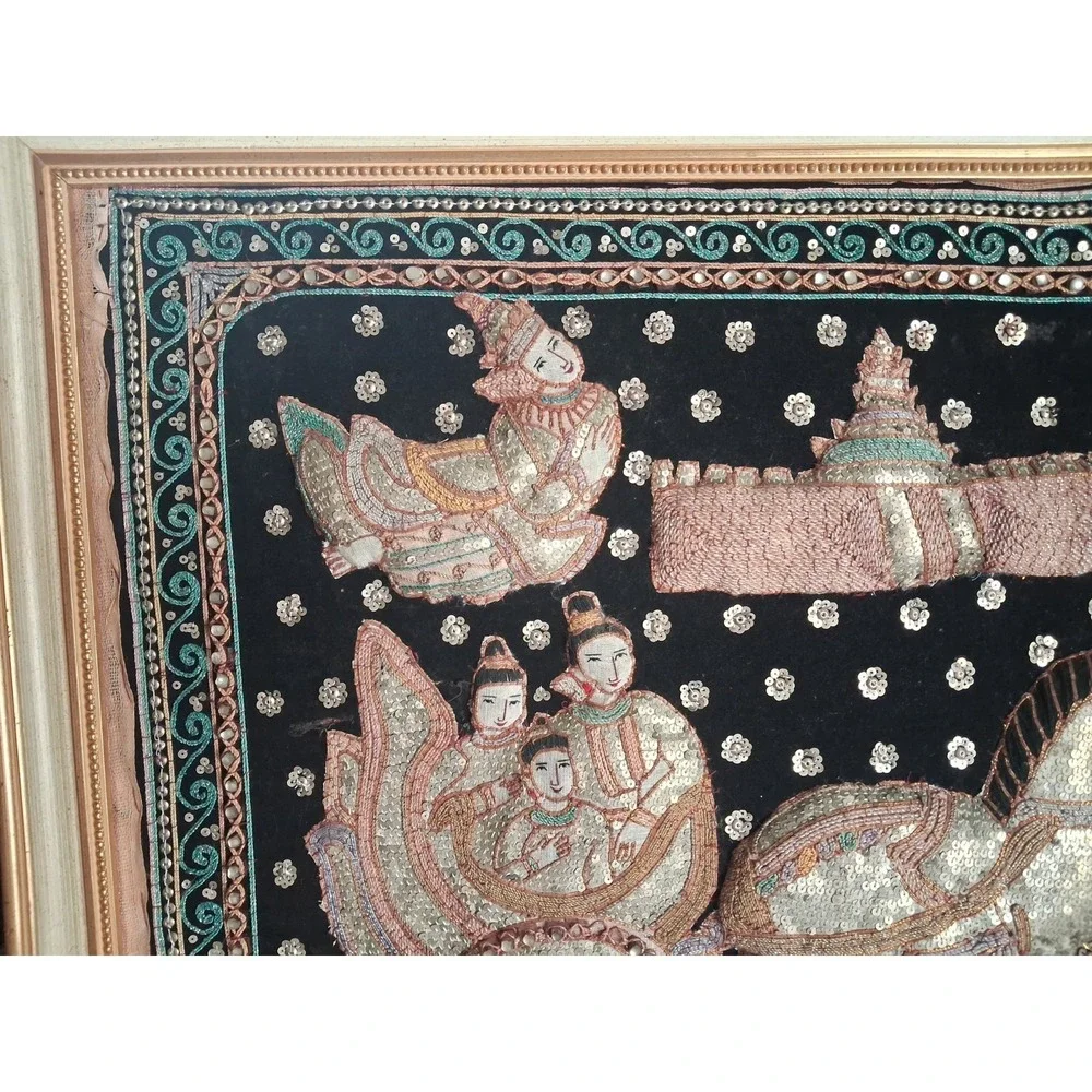 Vintage Thai Burma Myanmar Kalaga Tapestry Ramayana - Koi  Sequins